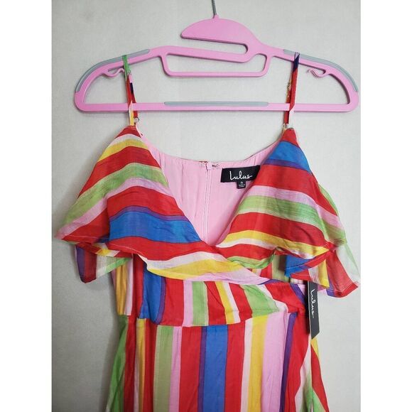 LuLus Multicolor Rainbow Striped Yacht Rock Off the Shoulder Wrap Midi Dress - Picture 5 of 10